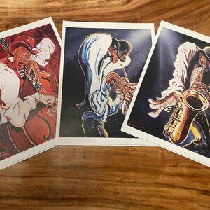 Steven Johnson Jazz Musician Print Lot of 3 Saxophone, Trumpet & Bass